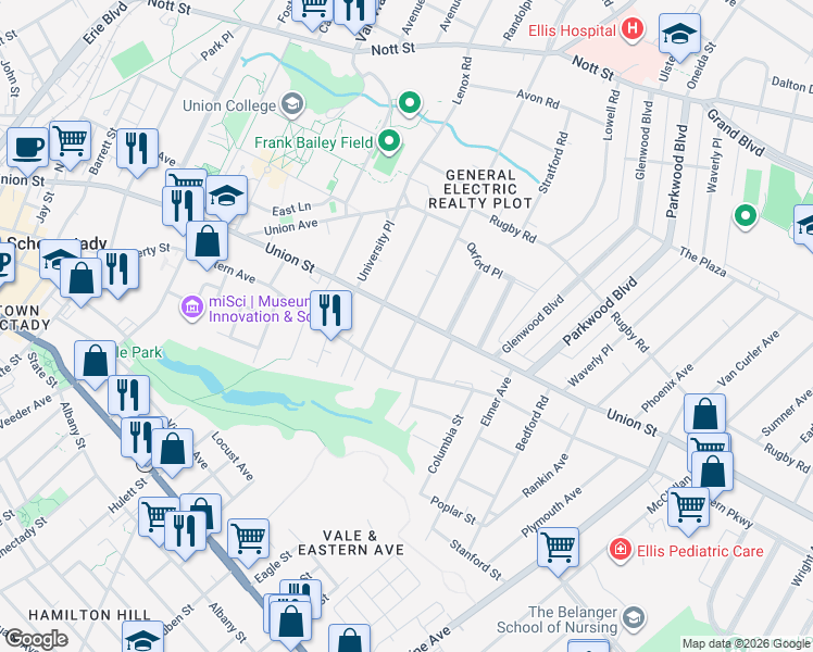 map of restaurants, bars, coffee shops, grocery stores, and more near 1114 Union Street in Schenectady