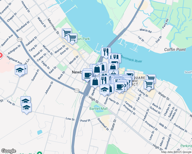 map of restaurants, bars, coffee shops, grocery stores, and more near 13 Market Street in Newburyport