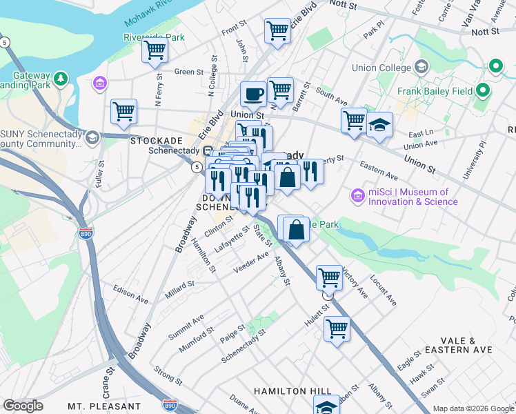 map of restaurants, bars, coffee shops, grocery stores, and more near in Schenectady