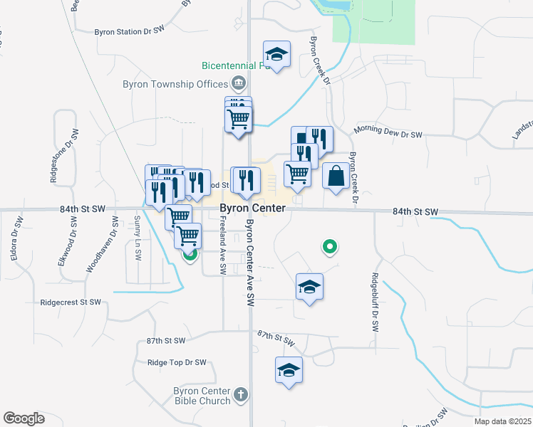 map of restaurants, bars, coffee shops, grocery stores, and more near 2360 84th Street Southwest in Byron Center
