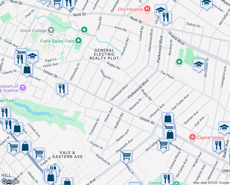 map of restaurants, bars, coffee shops, grocery stores, and more near 1033 Glenwood Boulevard in Schenectady