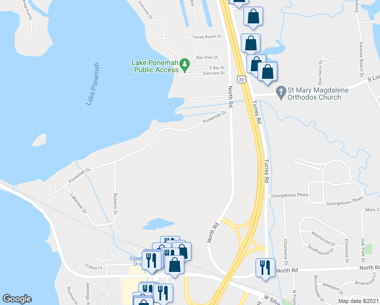 map of restaurants, bars, coffee shops, grocery stores, and more near 3117 Ponemah Drive in Fenton