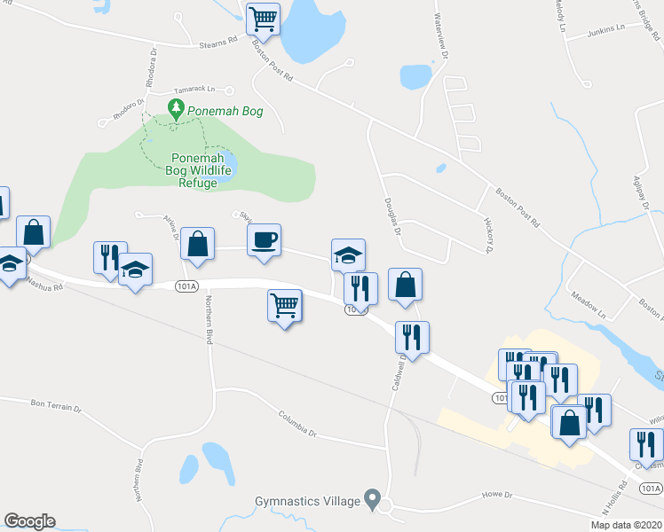 map of restaurants, bars, coffee shops, grocery stores, and more near 5 Eastern Avenue in Amherst