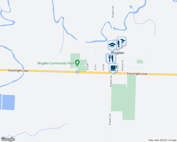 map of restaurants, bars, coffee shops, grocery stores, and more near 2344 Courtright Line in Brigden