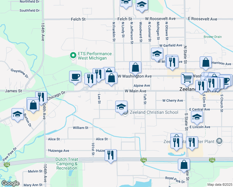 map of restaurants, bars, coffee shops, grocery stores, and more near 360 West Main Avenue in Zeeland