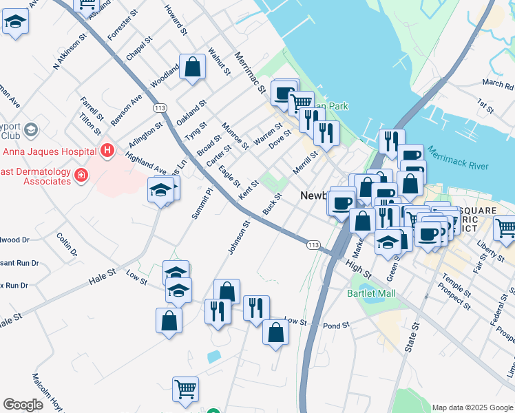 map of restaurants, bars, coffee shops, grocery stores, and more near 211 High Street in Newburyport