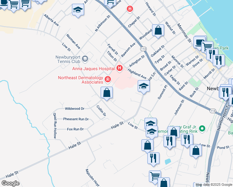 map of restaurants, bars, coffee shops, grocery stores, and more near 4 Wallace Bashaw Junior Way in Newburyport