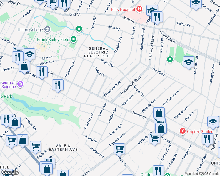 map of restaurants, bars, coffee shops, grocery stores, and more near 1032 Glenwood Boulevard in Schenectady