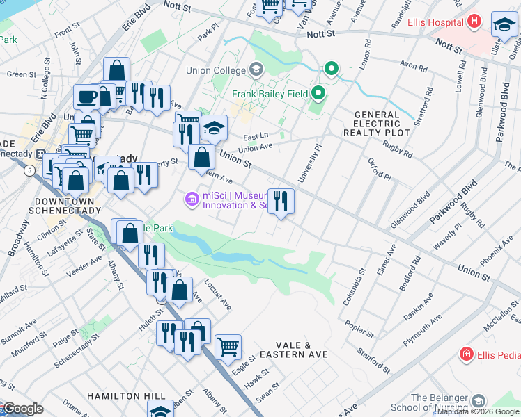map of restaurants, bars, coffee shops, grocery stores, and more near 107 Degraff Street in Schenectady