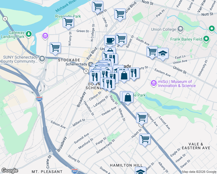 map of restaurants, bars, coffee shops, grocery stores, and more near in Schenectady