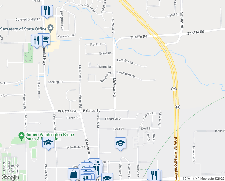 map of restaurants, bars, coffee shops, grocery stores, and more near 70281 McVicar Road in Macomb County