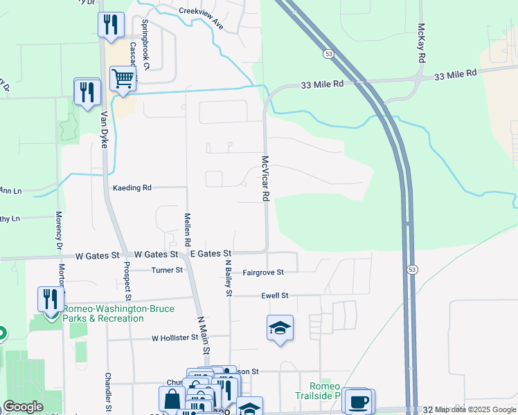 map of restaurants, bars, coffee shops, grocery stores, and more near 70281 McVicar Road in Macomb County