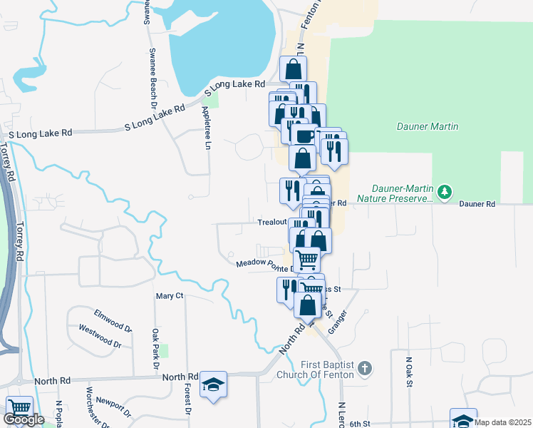 map of restaurants, bars, coffee shops, grocery stores, and more near 111 Trealout Drive in Fenton