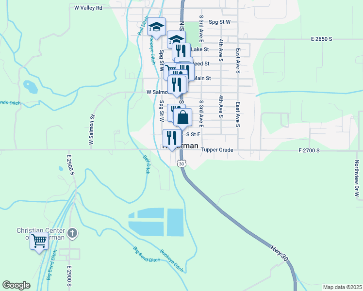 map of restaurants, bars, coffee shops, grocery stores, and more near U.S. 30 in Hagerman