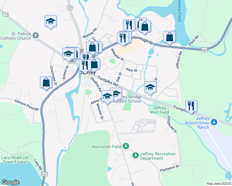 map of restaurants, bars, coffee shops, grocery stores, and more near 3 Conant Way in Jaffrey