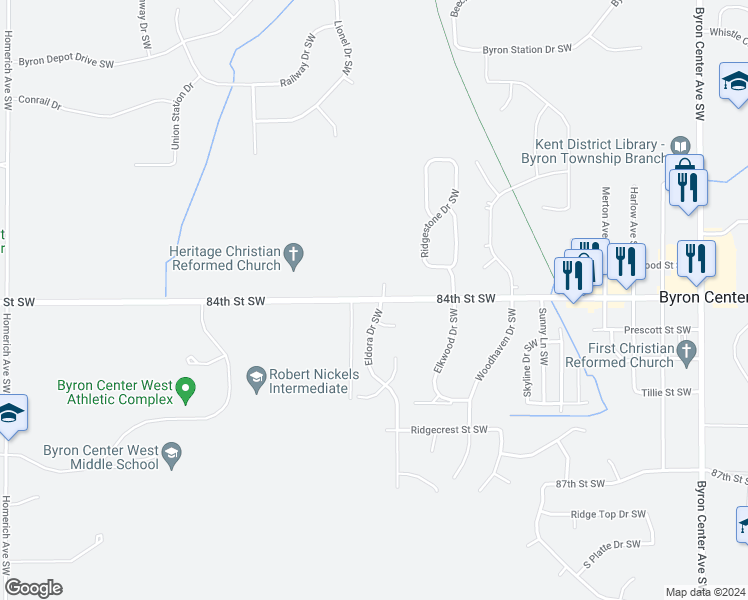 map of restaurants, bars, coffee shops, grocery stores, and more near 2952 84th Street Southwest in Byron Center