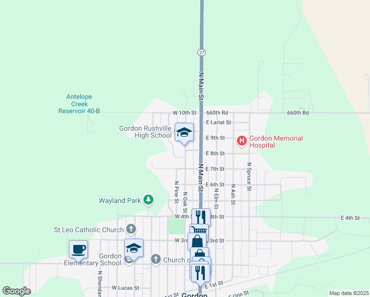 map of restaurants, bars, coffee shops, grocery stores, and more near 810 North Oak Street in Gordon