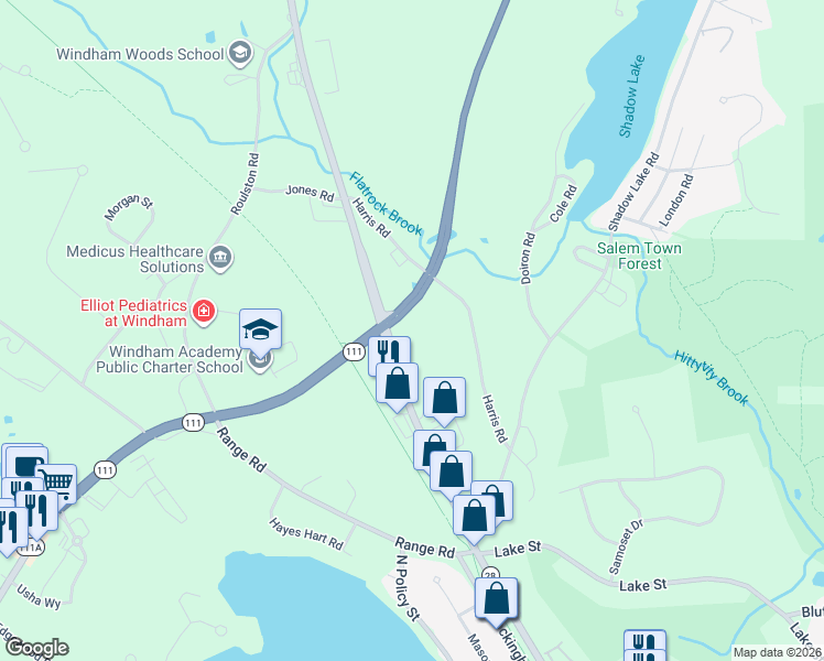 map of restaurants, bars, coffee shops, grocery stores, and more near 24 Rockingham Road in Windham