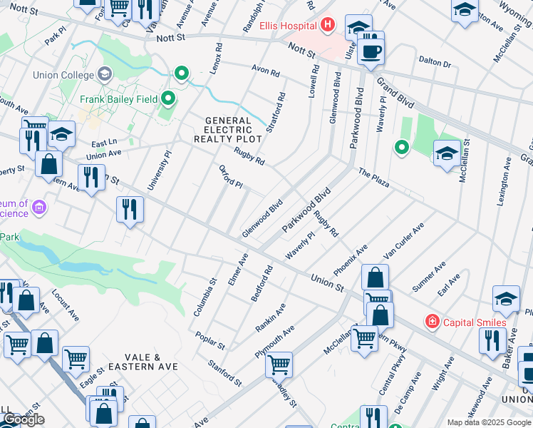 map of restaurants, bars, coffee shops, grocery stores, and more near 1032 Glenwood Boulevard in Schenectady
