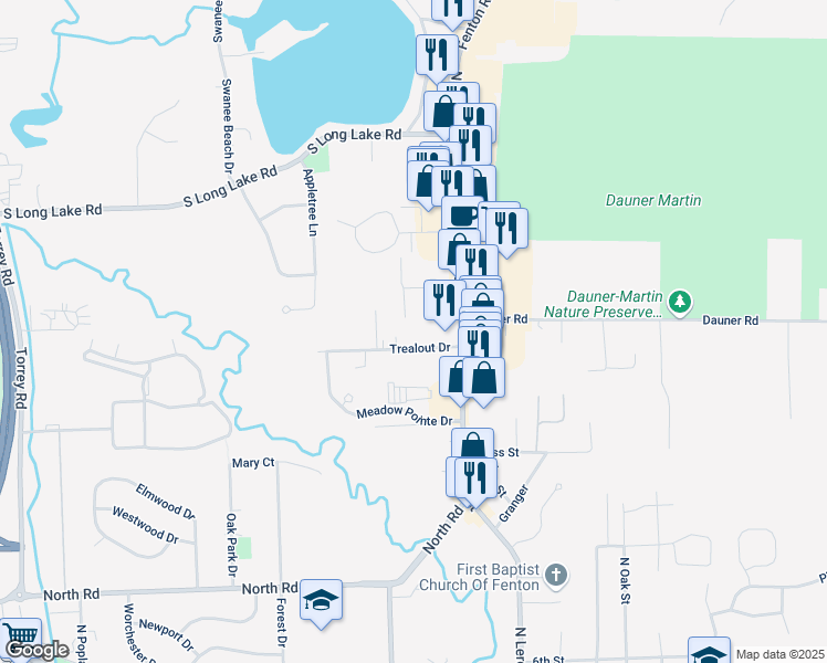 map of restaurants, bars, coffee shops, grocery stores, and more near 111 Trealout Drive in Fenton
