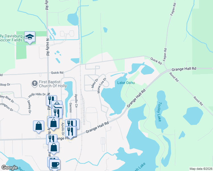 map of restaurants, bars, coffee shops, grocery stores, and more near 4261 Grange Hall Road in Holly