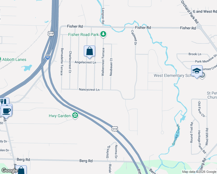 map of restaurants, bars, coffee shops, grocery stores, and more near 193 Nancycrest Lane in Buffalo
