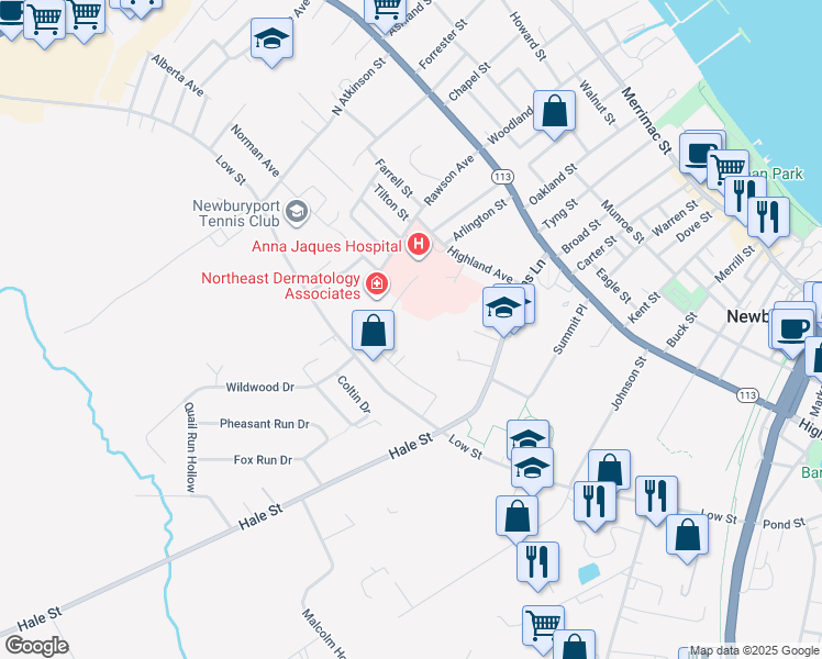 map of restaurants, bars, coffee shops, grocery stores, and more near 4 Wallace Bashaw Junior Way in Newburyport