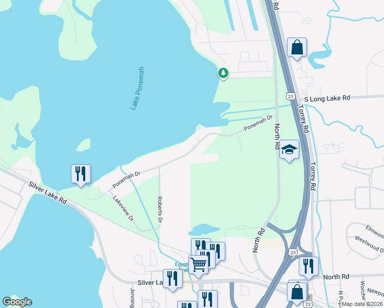 map of restaurants, bars, coffee shops, grocery stores, and more near 3221 Ponemah Drive in Fenton