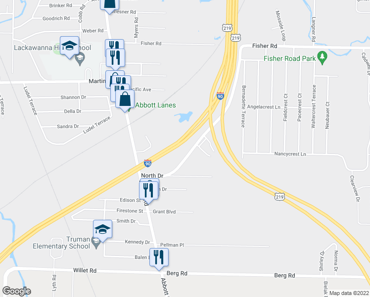 map of restaurants, bars, coffee shops, grocery stores, and more near 30 South Fisher Road in Buffalo