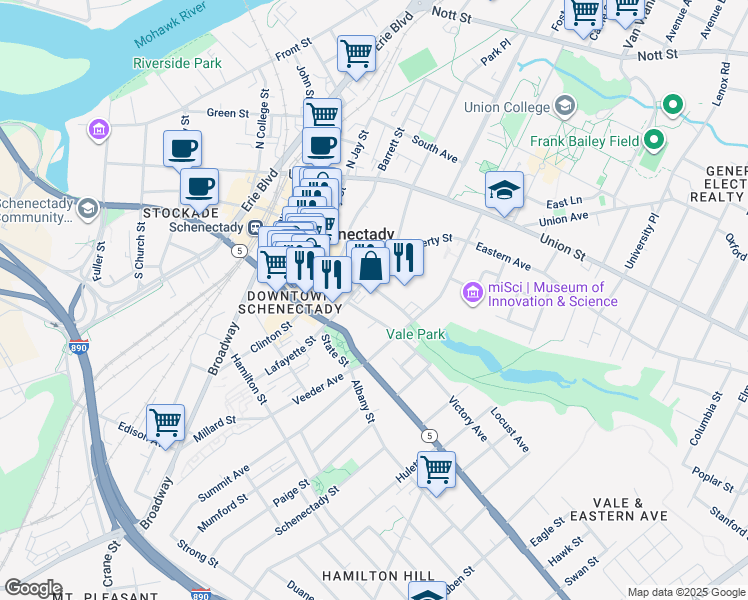 map of restaurants, bars, coffee shops, grocery stores, and more near 100-122 Lafayette St in Schenectady