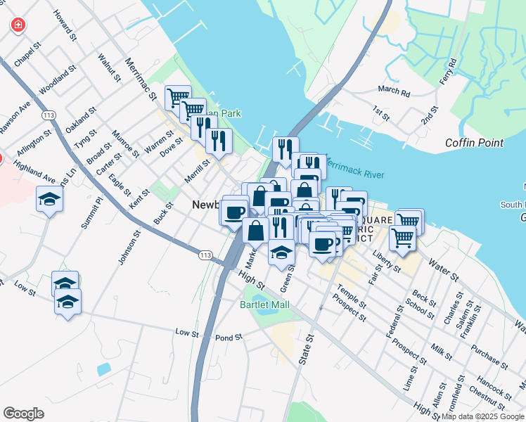 map of restaurants, bars, coffee shops, grocery stores, and more near 92 Merrimac Street in Newburyport