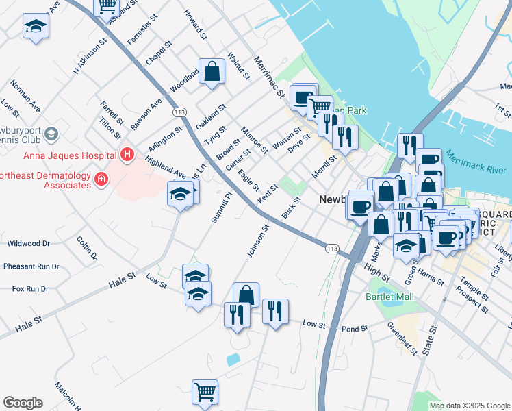 map of restaurants, bars, coffee shops, grocery stores, and more near 56 Kent Street in Newburyport