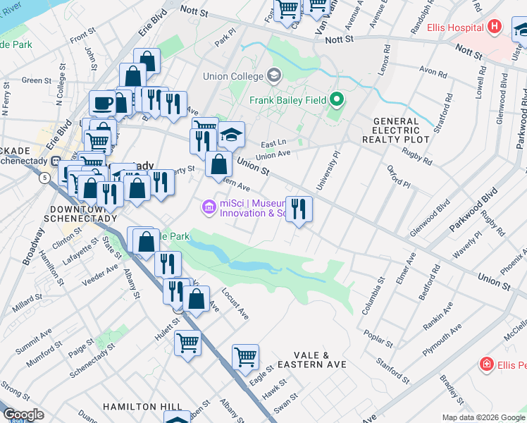map of restaurants, bars, coffee shops, grocery stores, and more near 758 Eastern Avenue in Schenectady