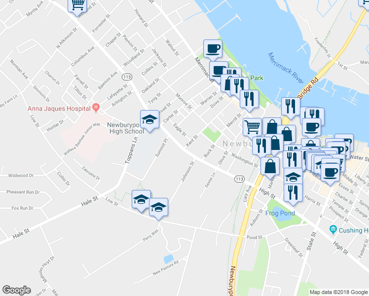 map of restaurants, bars, coffee shops, grocery stores, and more near 66 Kent Street in Newburyport