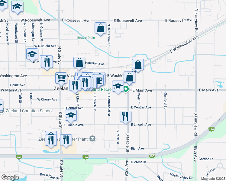 map of restaurants, bars, coffee shops, grocery stores, and more near 320 East Main Avenue in Zeeland