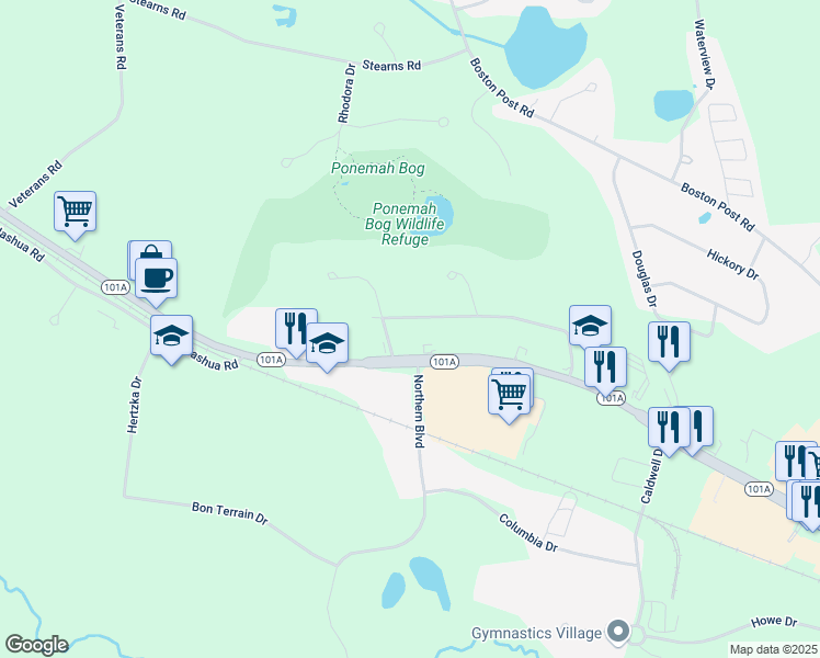 map of restaurants, bars, coffee shops, grocery stores, and more near 5 Eastern Avenue in Amherst