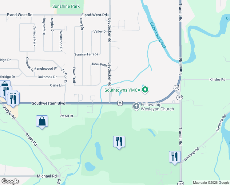 map of restaurants, bars, coffee shops, grocery stores, and more near 5 In the Woods Lane in Buffalo