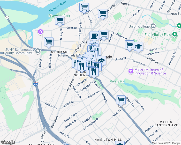 map of restaurants, bars, coffee shops, grocery stores, and more near 433 State Street in Schenectady