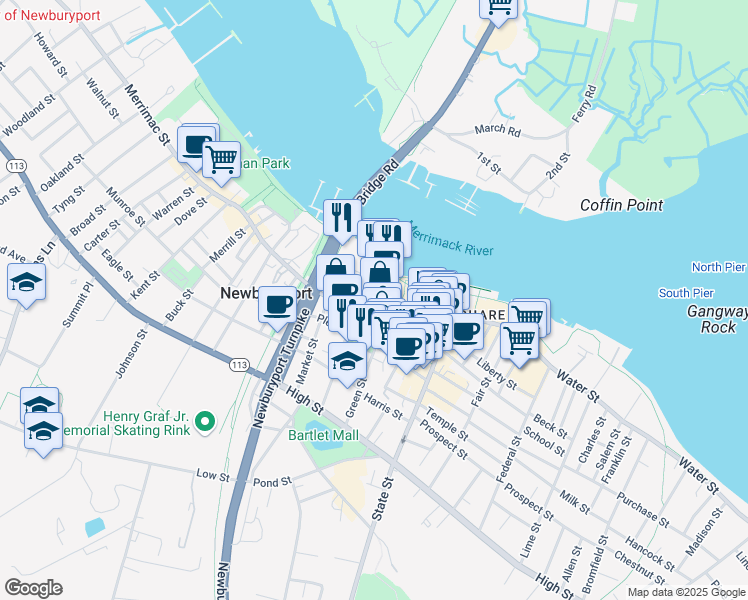 map of restaurants, bars, coffee shops, grocery stores, and more near 38R Merrimac Street in Newburyport
