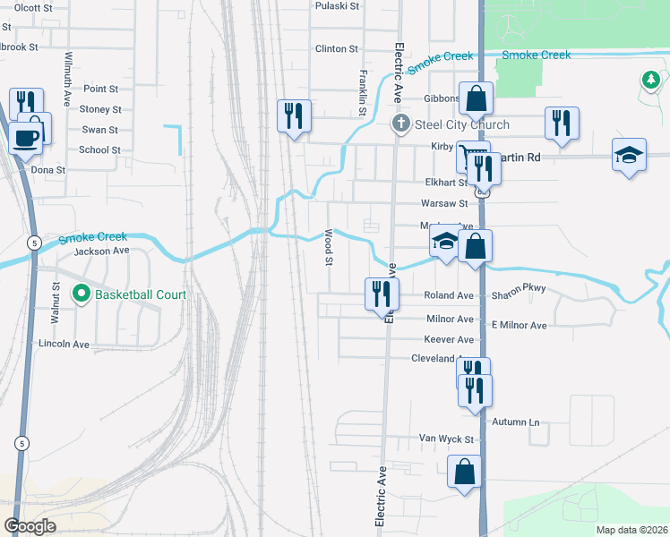 map of restaurants, bars, coffee shops, grocery stores, and more near 56 Wood Street in Lackawanna