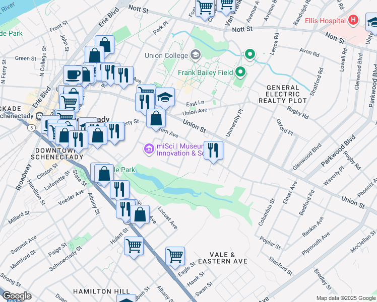 map of restaurants, bars, coffee shops, grocery stores, and more near 99 Prospect Street in Schenectady