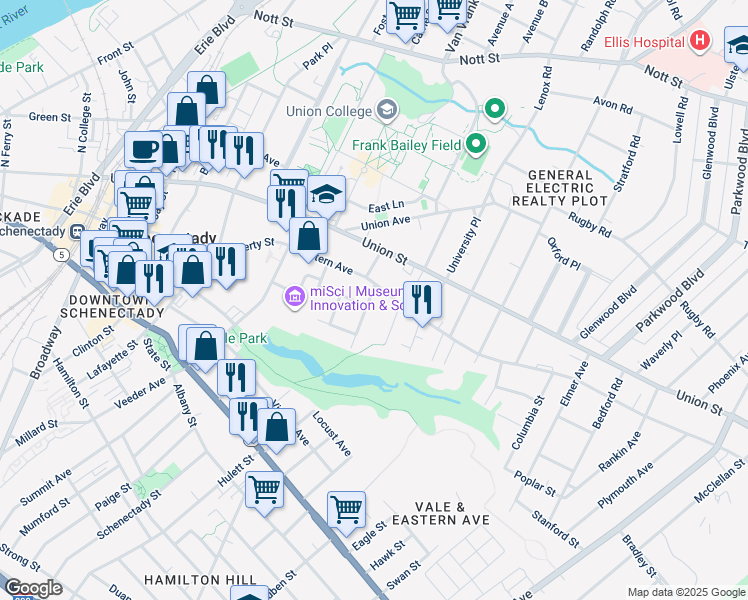 map of restaurants, bars, coffee shops, grocery stores, and more near 758 Eastern Avenue in Schenectady