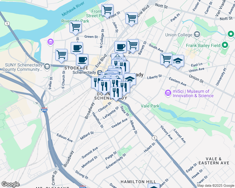 map of restaurants, bars, coffee shops, grocery stores, and more near 433 State Street in Schenectady