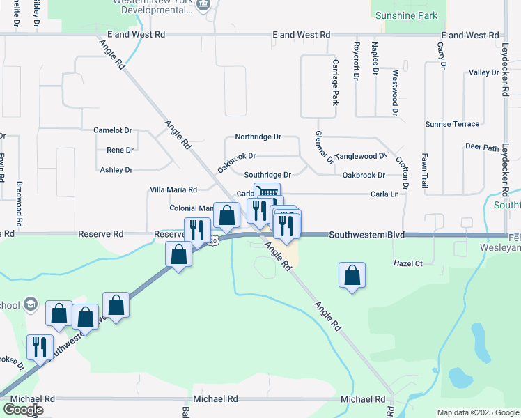 map of restaurants, bars, coffee shops, grocery stores, and more near 25 Carla Lane in Buffalo