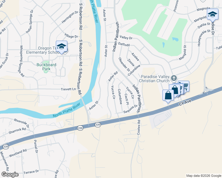 map of restaurants, bars, coffee shops, grocery stores, and more near 66 Yucca Circle in Casper