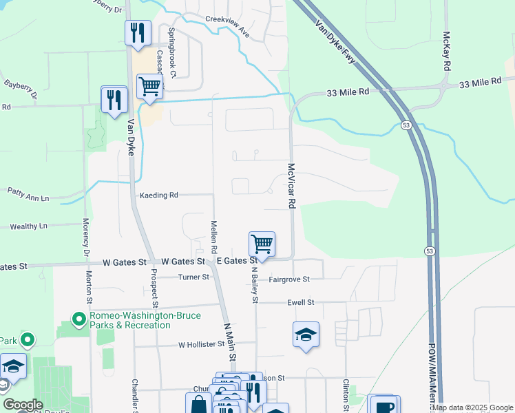 map of restaurants, bars, coffee shops, grocery stores, and more near 12395 South Lane in Macomb County