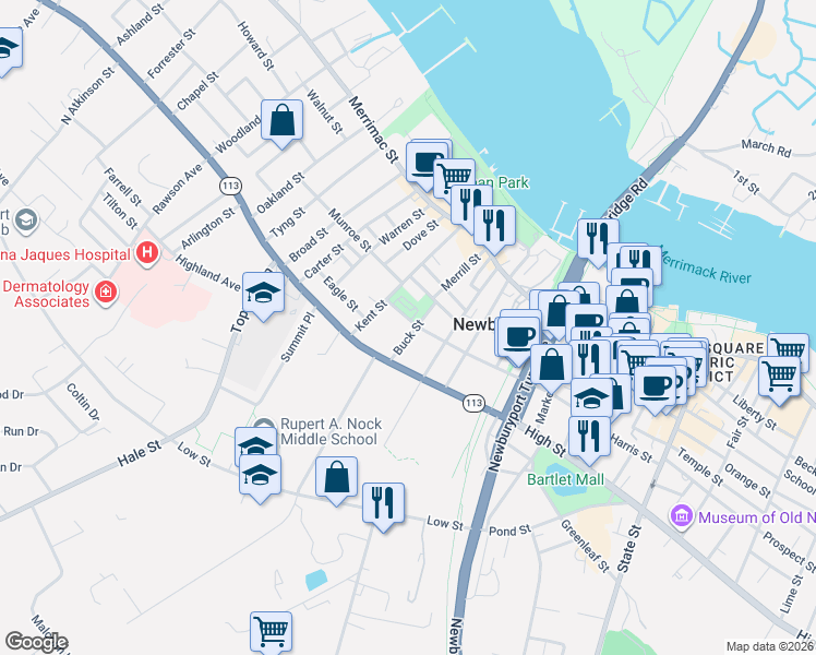 map of restaurants, bars, coffee shops, grocery stores, and more near Washington Street in Newburyport