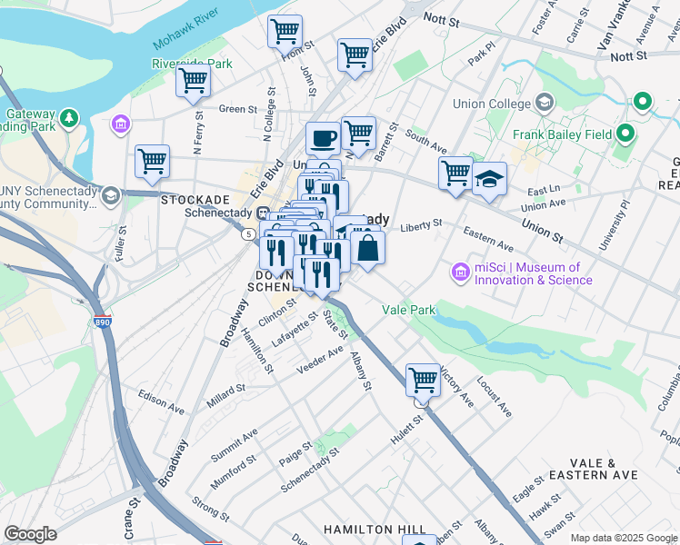 map of restaurants, bars, coffee shops, grocery stores, and more near 430 Franklin Street in Schenectady