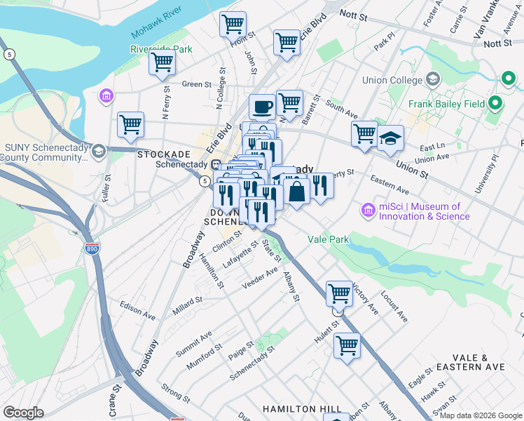 map of restaurants, bars, coffee shops, grocery stores, and more near 430 Franklin Street in Schenectady