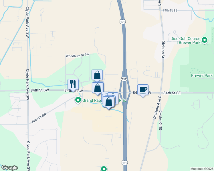 map of restaurants, bars, coffee shops, grocery stores, and more near 325 84th Street Southwest in Byron Center